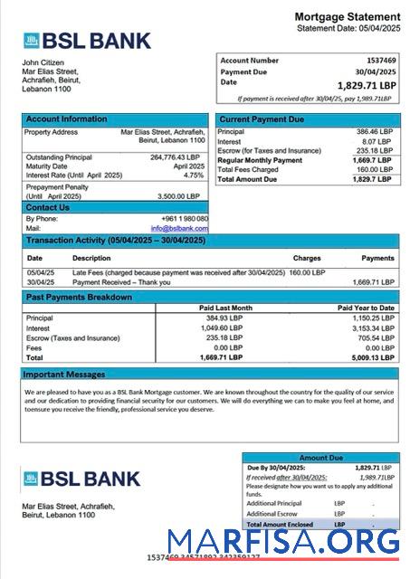 Realistic Lebanon BSL Bank mortgage statement Word and PDF template